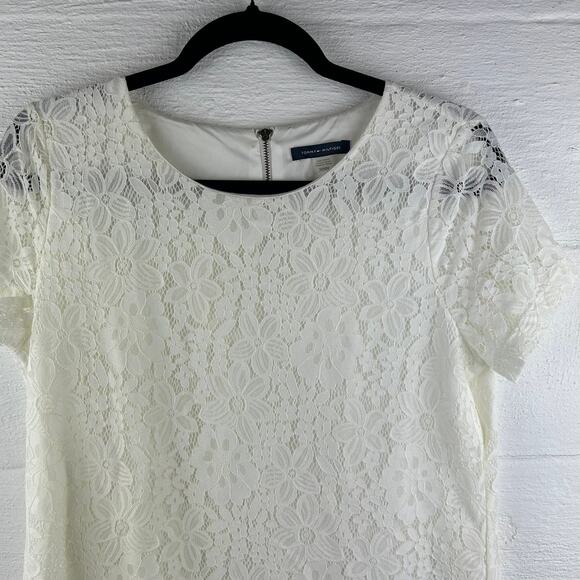 Tommy Hilfiger White Lace Short Sleeve Blouse Gold Zipper Detail (M) - Picture 3 of 8